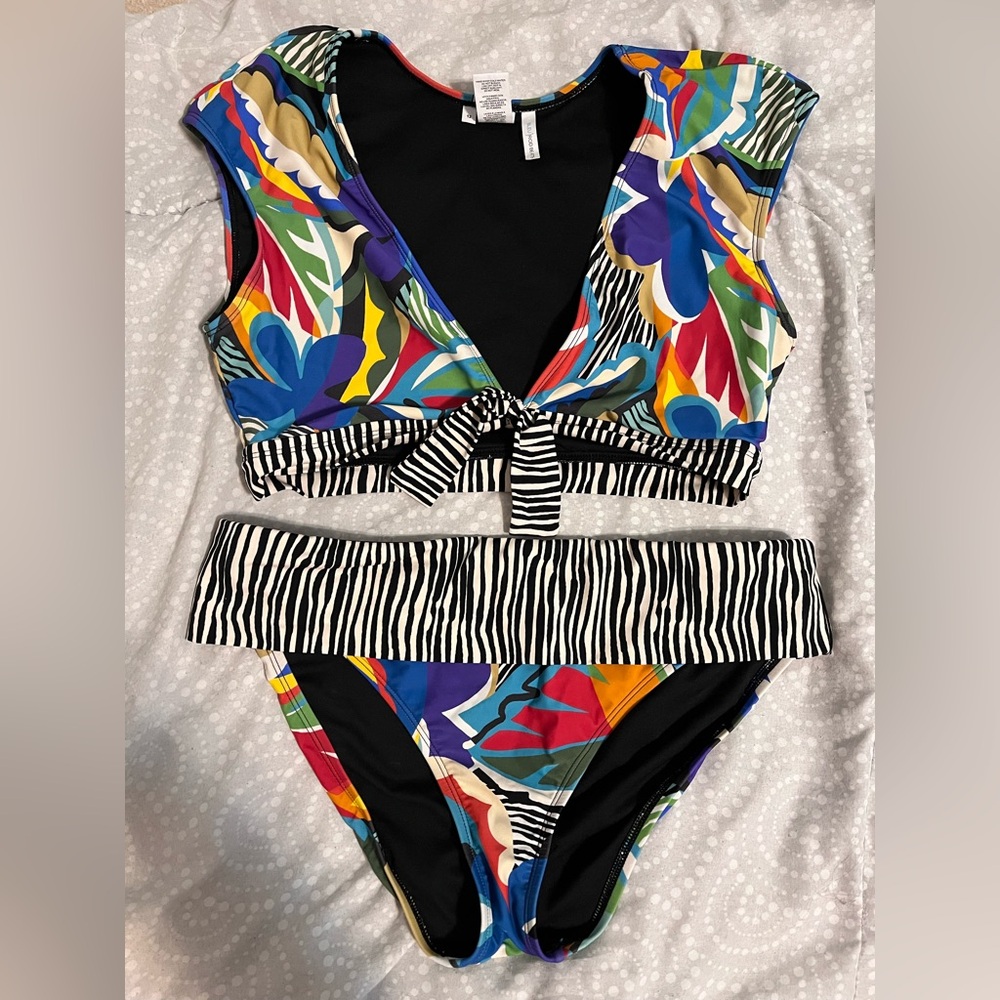 Multicolor Women’s Tie-Front Swim Top & High-Waist Bikini Bottom